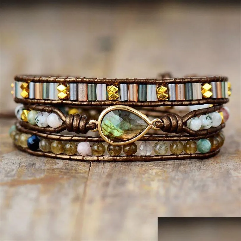 Armreif Frauen Ethnisches Leder Wickelarmband Labradorit Mondstein Perlen 3 Stränge Boho Schmuck Großhandel Drop 220831 Lieferung Armbänder Dhh5A