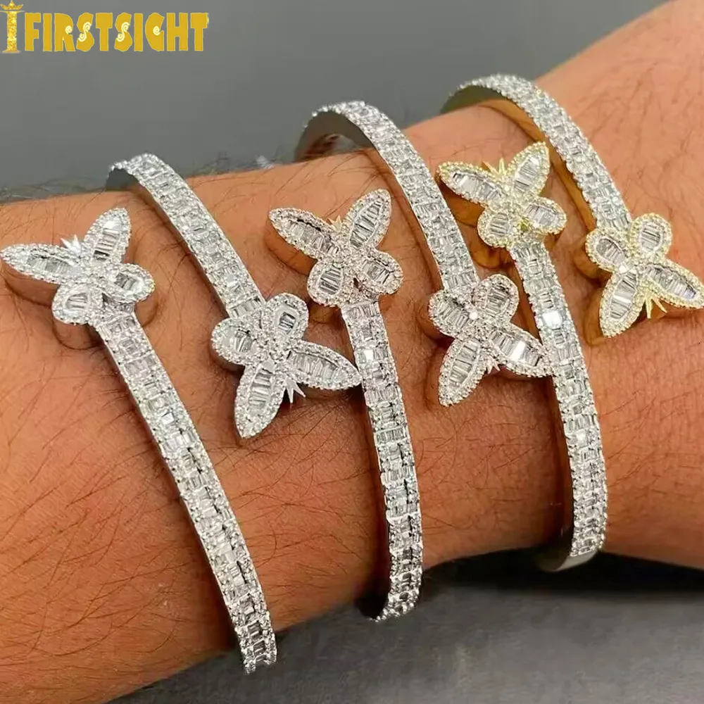 Bangle Iced Out Bling Opened Butterfly Charm Bracelet Silver Color Zircon Insects Bangle For Men Women Hiphop Luxury Jewelry 230908