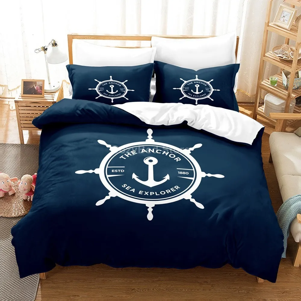 Set biancheria da letto Set biancheria da letto Marine Anchor Set copripiumino 3D Ocean Sea Set biancheria da letto trapuntato Twin Queen King Single Size Blue Ship Vessel Kids 230908