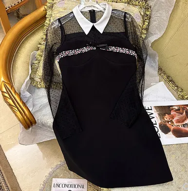 Vestido de verano 2023 de Color negro liso, manga larga, cuello de solapa, tul con diamantes de imitación, vestidos informales hasta la rodilla S3S01M112