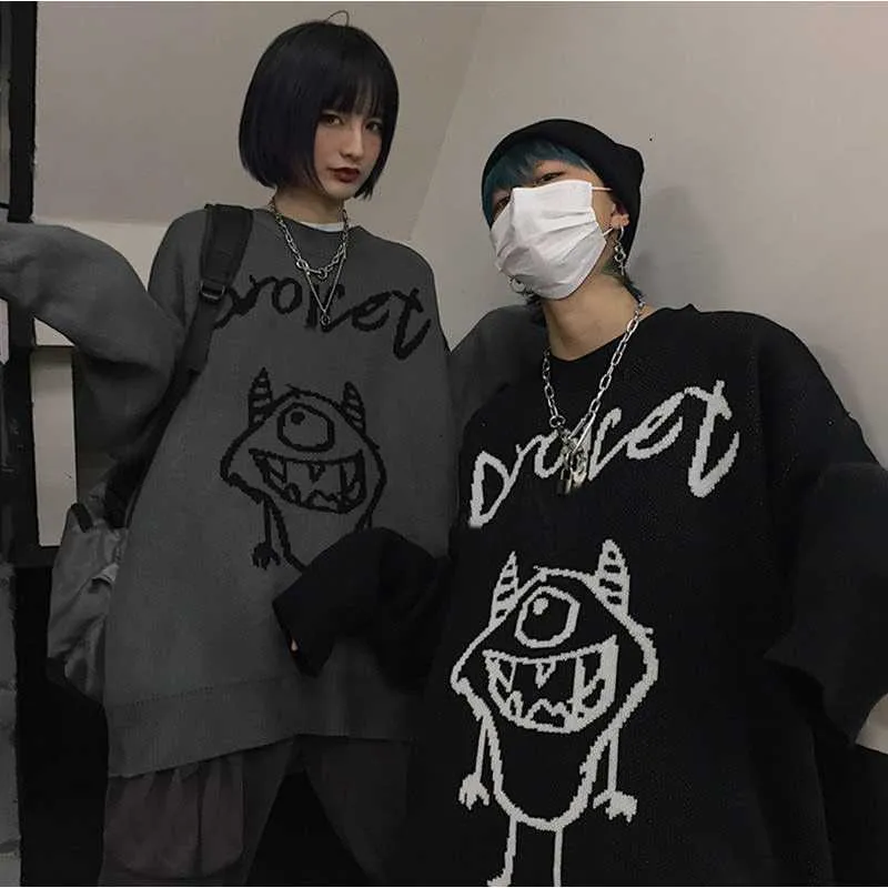 DeepTown Japanese Y2K Anime Print Black Sweater Women HARAJUKU Fashion Preppy Overize Jumper Kobiety Koszulki Hippie Streetwear