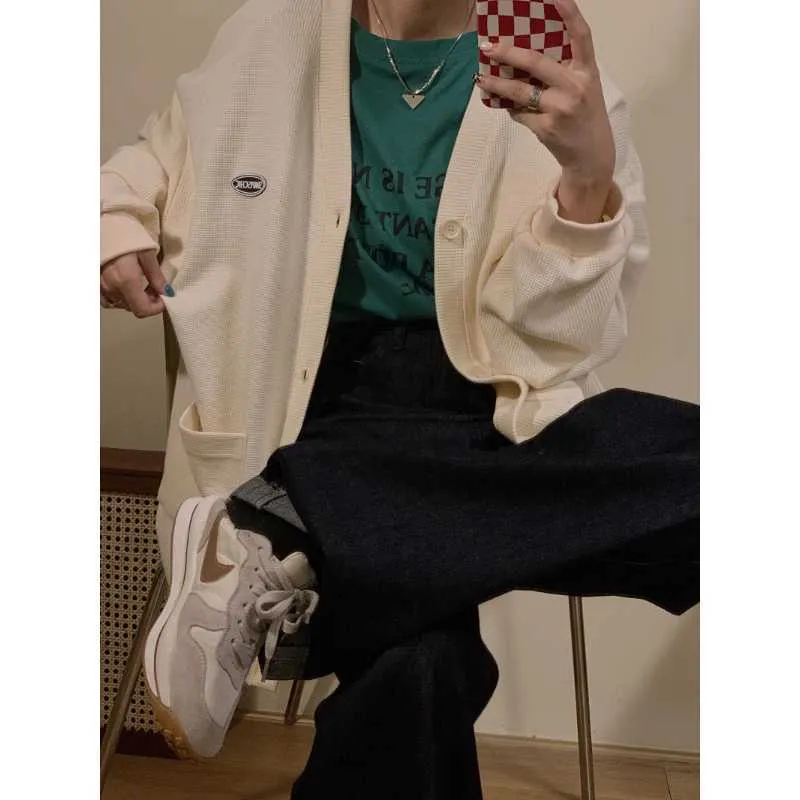 Deeptown Koreaanse mode Beige Cardigan Women Vintage Harajuku Basic Oversize Sweatshirt Streetwear 90s Esthetische top met lange mouwen
