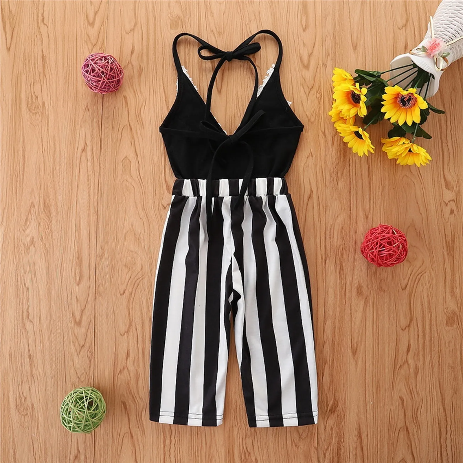 Rompers Children Girl Lace Overalls Cute White Black Striped Jumpsuit 2 To 6Years Kids Summer Clothing Girls 230907