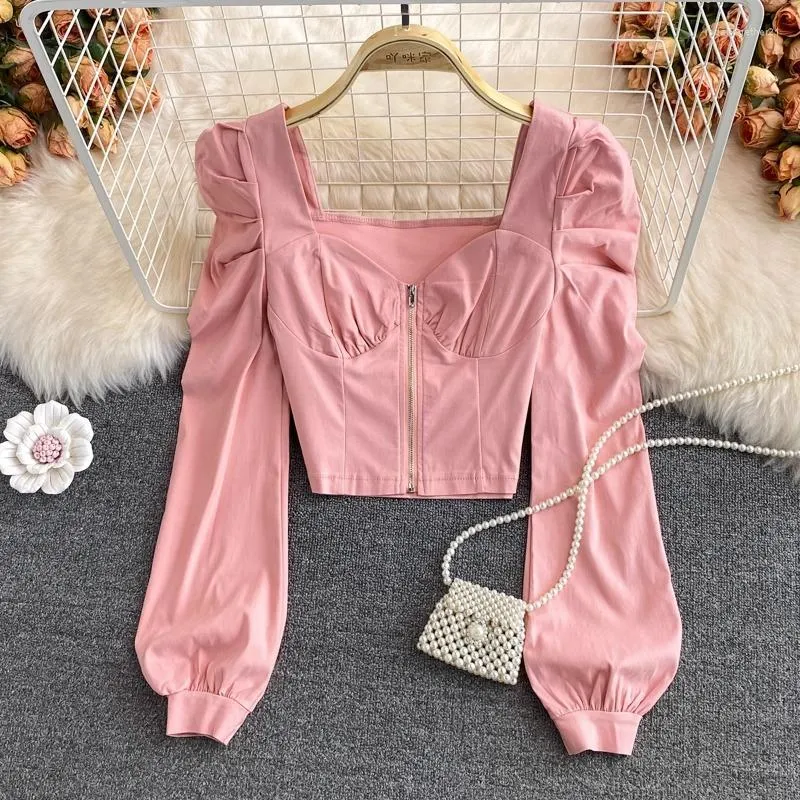 Frauen Blusen Zipper Französisch Retro Puff Sleeve Falten Top Frauen Einfarbig V-ausschnitt Dünne Beiläufige Sexy Blusas Kurze Dropship