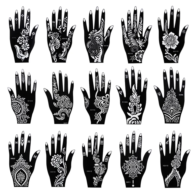 Andere permanente make-upbenodigdheden 50 vellen Lot Henna tijdelijke tattoo-sjablonen voor bodypaint Glitter Airbrush Mehndi Hand Tatoo-sjablonen Grote stencil 230907