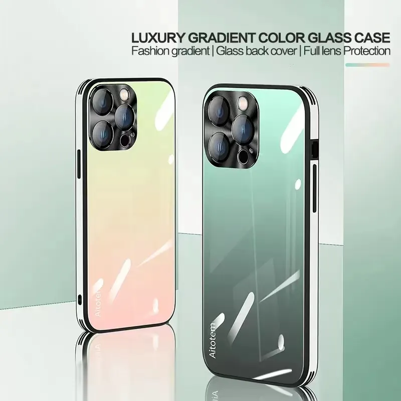 Custodia per telefono in vetro sfumato di colore per Iphone 13 14 12 Pro Max 14Plus con protezione della lente Cover posteriore in vetro con cornice in TPU per Iphone14