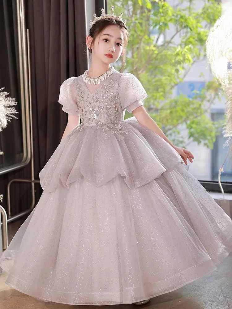 Piękny koronkowy klejnot klejnot klejnot sheer Applique Big Bow Sukienki Suknie Back Kids Girl