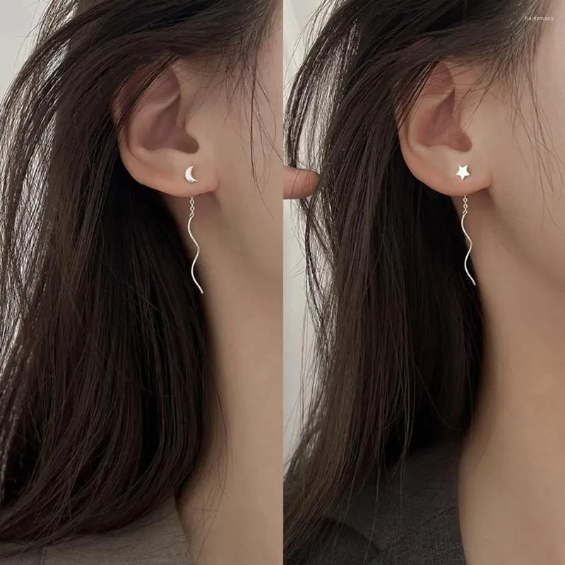 Boucles d'oreilles pendantes asymétriques couleur argent étoile lune gland longue femme Simple personnalité brillant bijoux cadeau ligne d'oreille