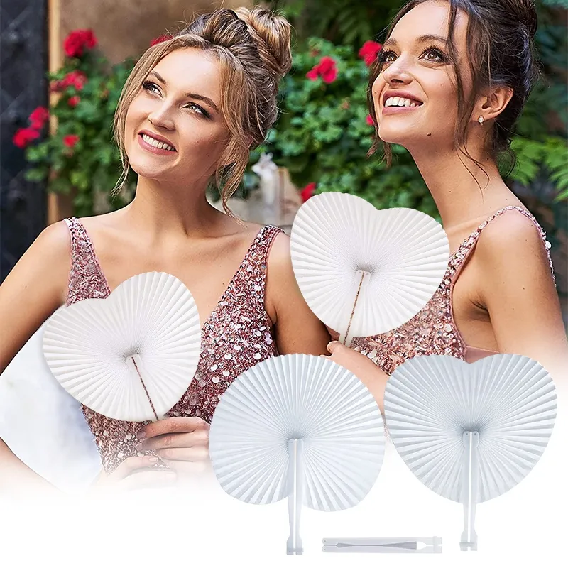 24 Pcs White Heart Shaped Paper Fans Handheld Folding For Wedding Party