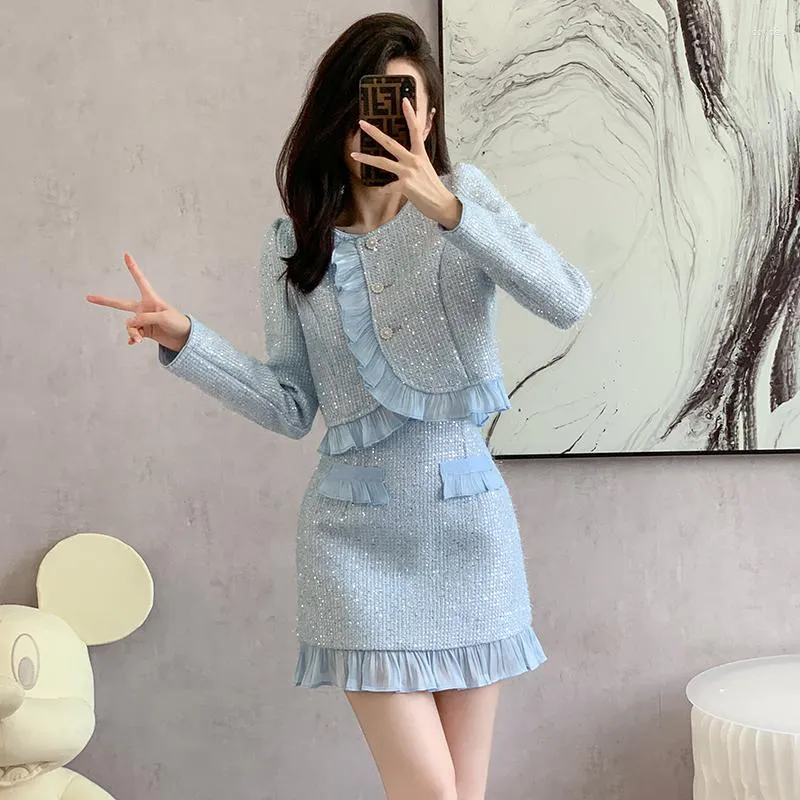 QIWN Sweet Girl Blue Wollen Set With Ruffles Tweed Patchwork