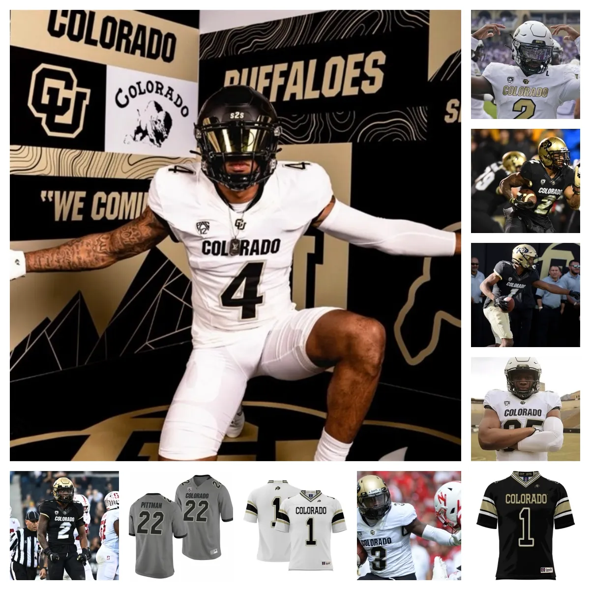 2023 Colorado Buffaloes Camisa de Futebol 16 Ryan Staub 23 Carter Stoutmire 51 Isaiah Jatta 22 Anthony Hankerson 85 Jacob Página 21 Shilo Sanders 28 Asaad Waseem