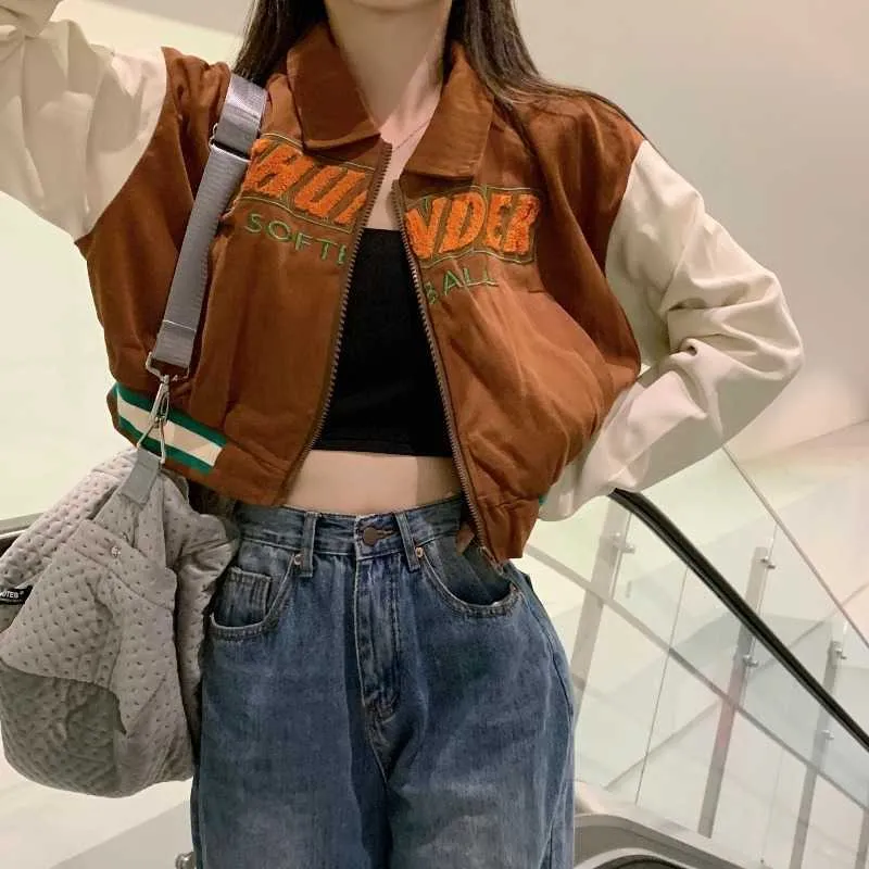 Deeptown Vintage Bruin Bijgesneden Jas Vrouwen Koreaanse Stijl Streetwear Lange Mouw Top Patchwork Brief Amerikaanse Bomberjack