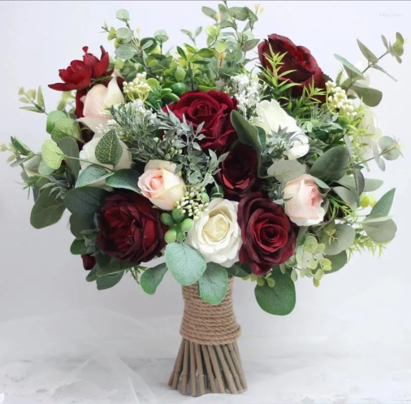 Bruiloft bloemen EillyRosia aankomst rustieke Bourgondische bruidsboeket groene bladeren roze rozen Eucalypse Ramo De Boda Novia op bestelling gemaakt