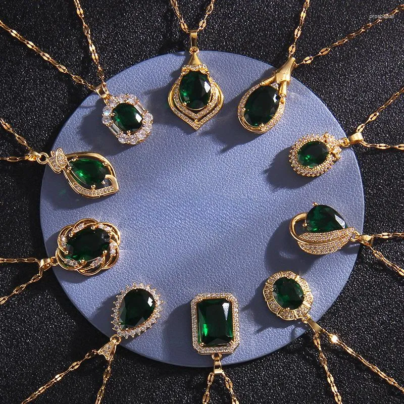 Pendant Necklaces 10pcs/lot Stainless Steel Gold Color Green Zircon Geometric Chain Necklace For Women Fashion Jewelry Gift Wholesale