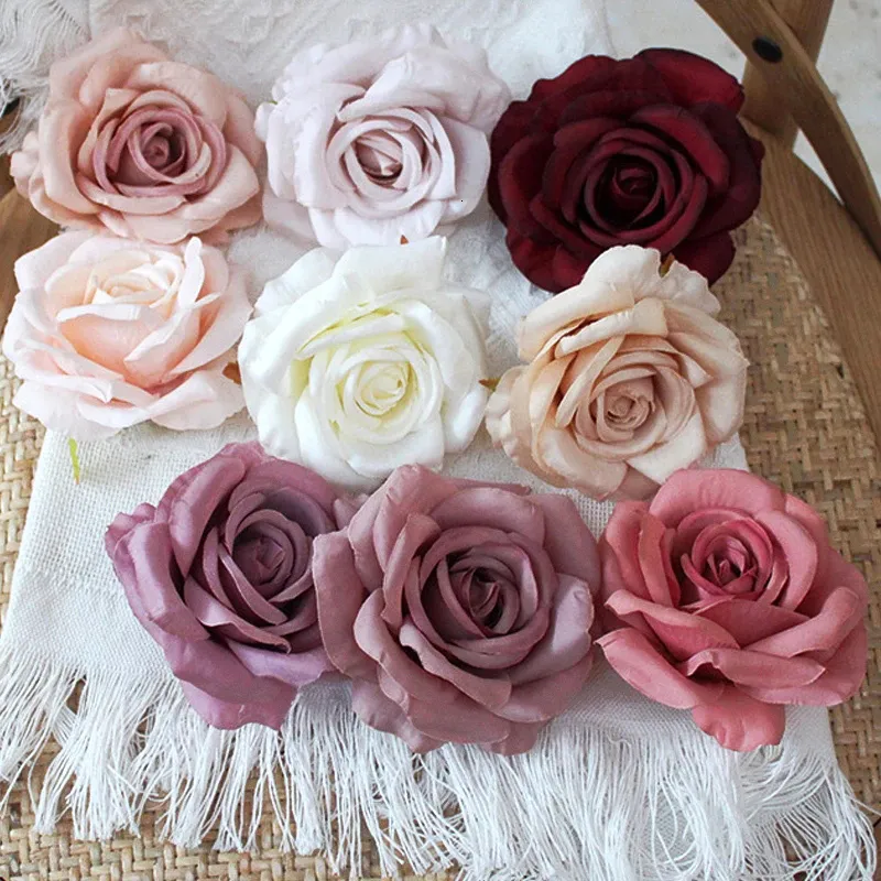 Faux Floral Greenery 30pcs/Lot 9cm-10CM Large White Rose Artificial Silk Flower Heads DIY Wedding Decoration Wreath Scrapbooking Craft Fake Flowers 230907