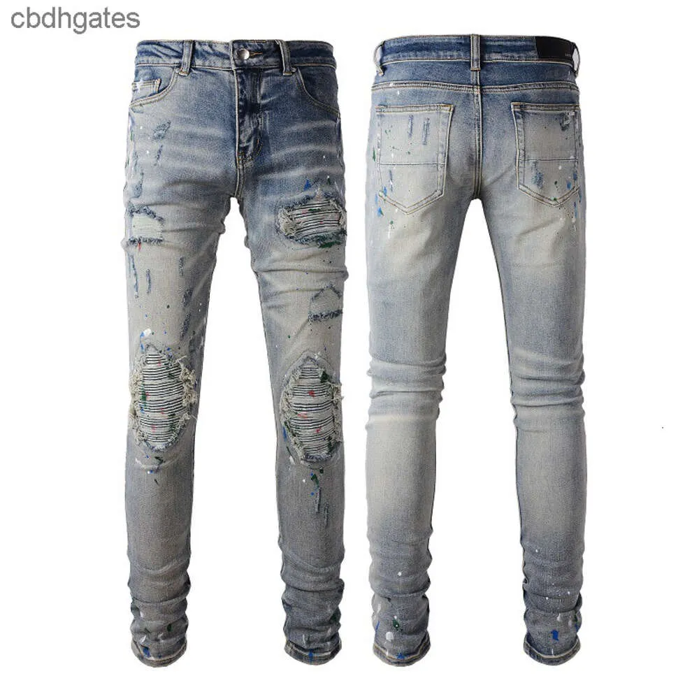 Pelle Uomo Uomo Demin 2023 Jeans Heavy Jean Moda Lavato Perforato Amiirii Artigianale di alta qualità Viola Vuwe