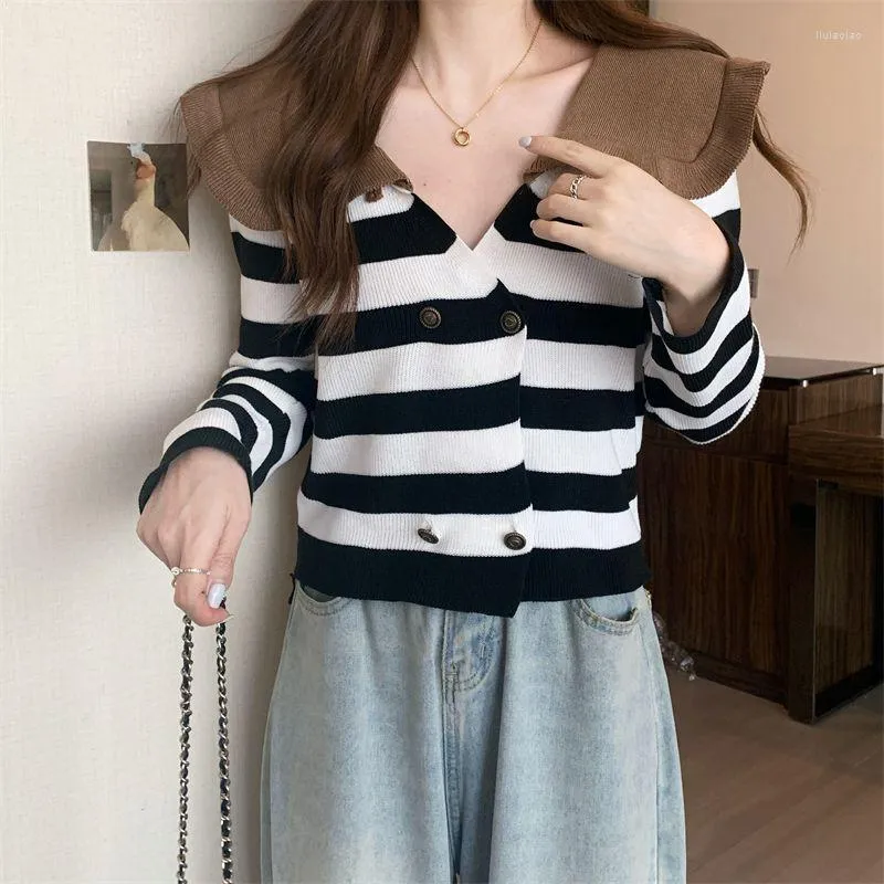 Women's Sweaters Korejepo French Doll Neck Striped Knit Shirt Autumn Slim Fitting Long Sleeved Top Casual Versatile Coats