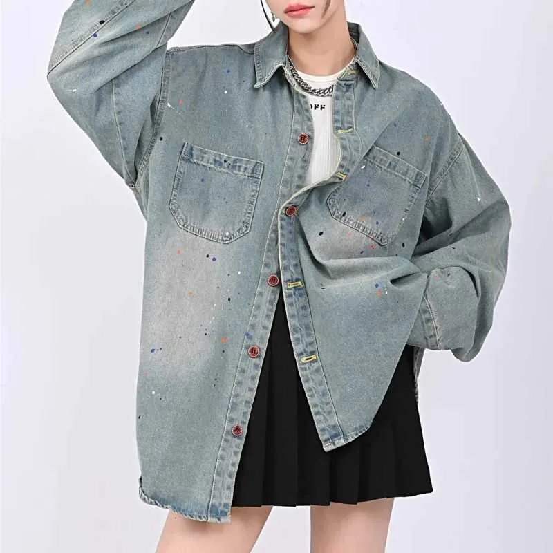 Deeptown estilo coreano vintage denim camisas femininas streetwear 90s oversize angustiado jaqueta harajuku kpop grunge manga longa topos