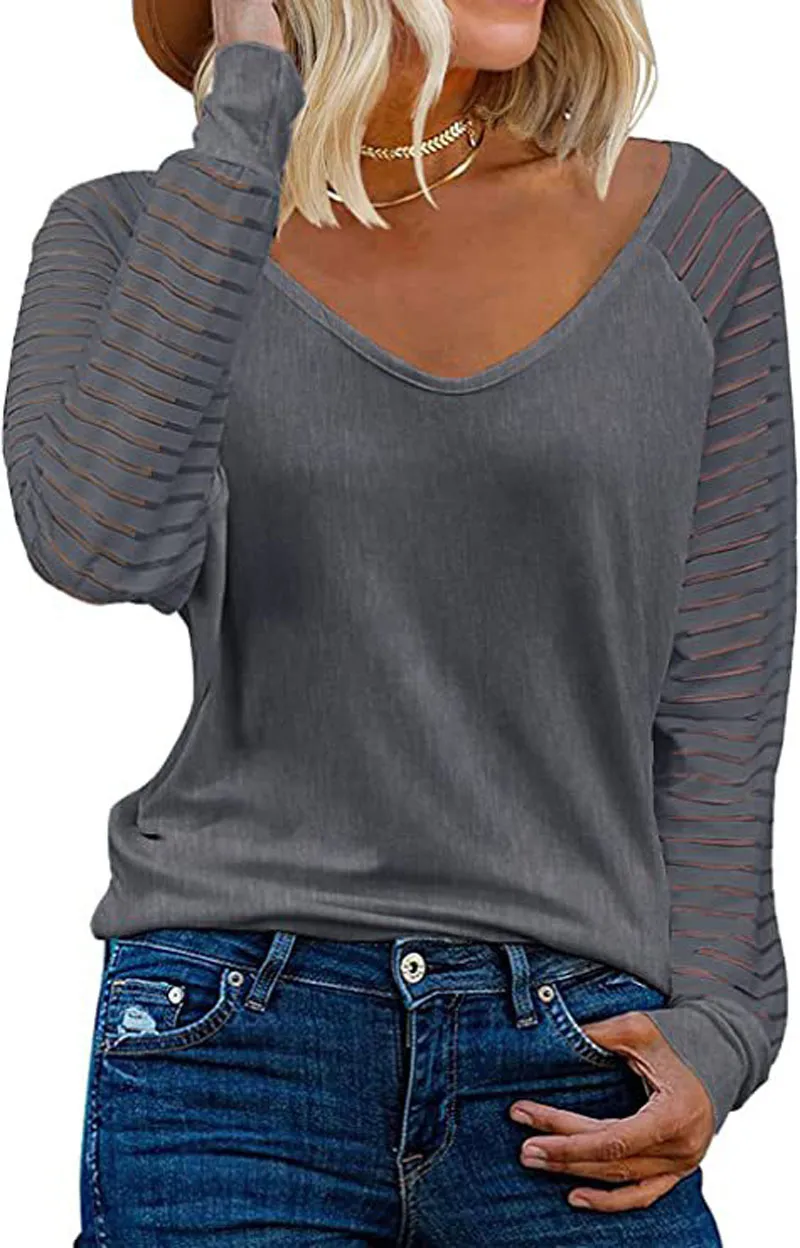 Casual tops met V-hals, shirts met lange mouwen en doorschijnende mesh-patchworkblouses en tops voor dames 2309064