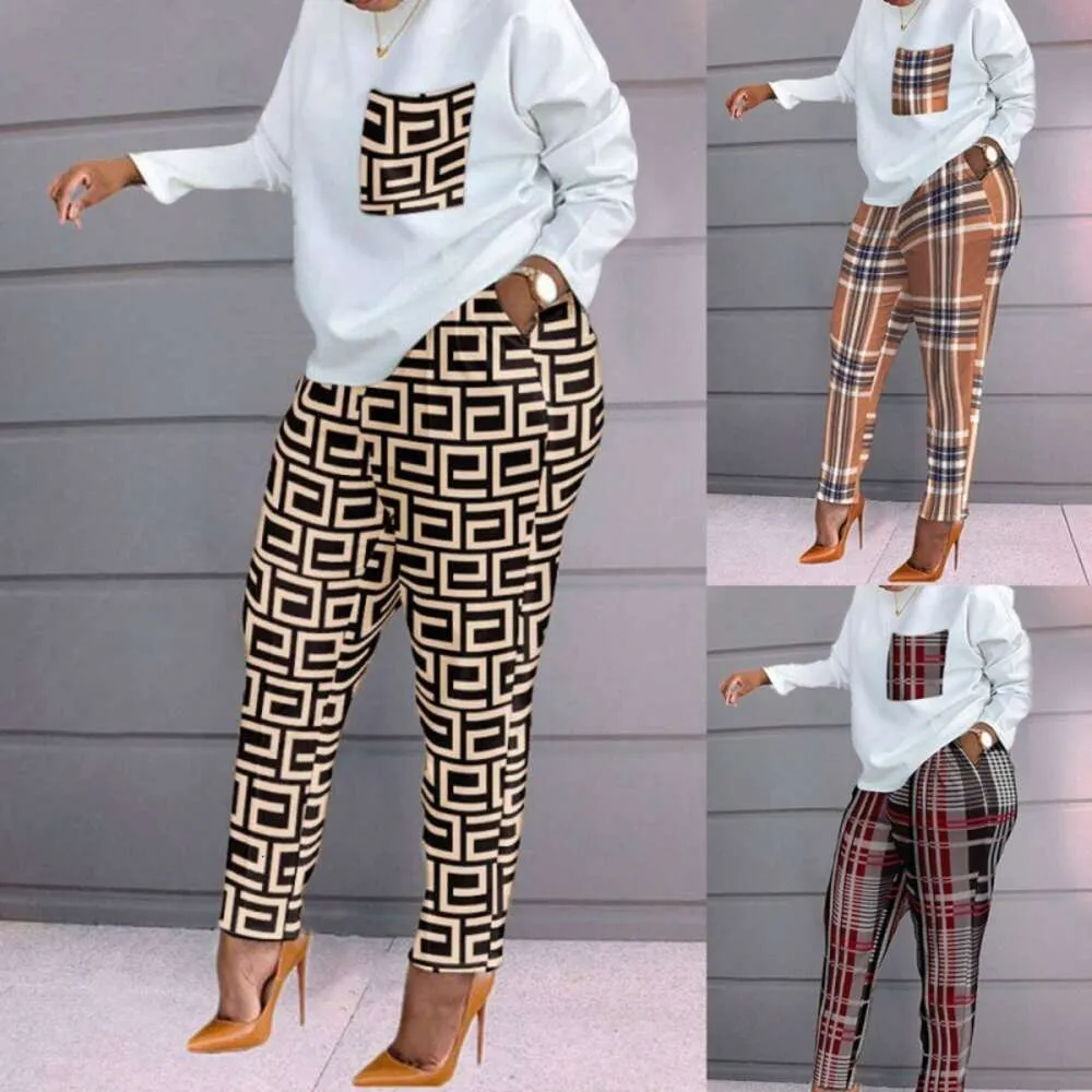 Designer Women 2 Piece Set Pants Outfits Fall Clothes Fashion Check Printed Long Sleeve Loose Top And Pants Casual Tracksuits Ladies Jogging Suit Size