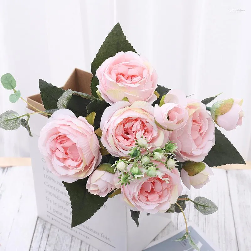 Kwiaty dekoracyjne różowy jedwabny jedwabny piwonii sztuczny duży bukiet fałszywy kwiat 5 głowica 4 małe pąki