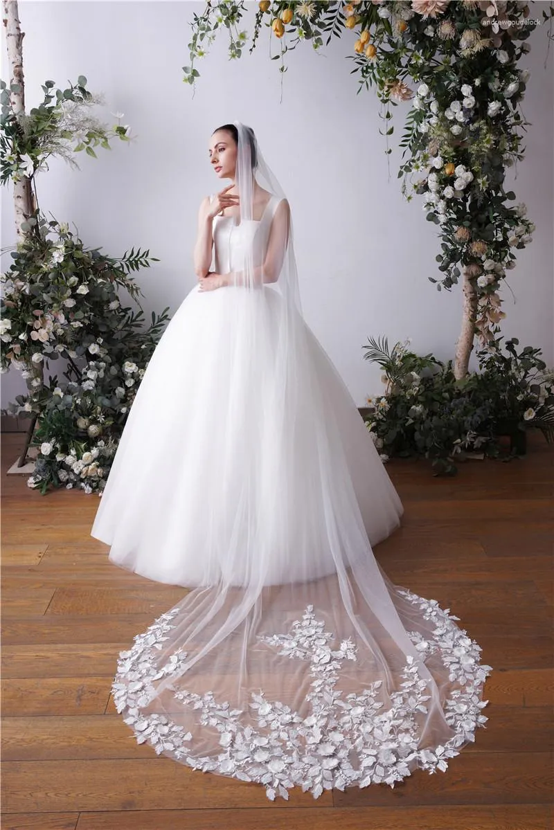 Bridal Veils 3m 1.5m Cathedral Train Wedding Veil Lace Floral One Layer With Comb Soft Tulle Bride Head Accessory Woman