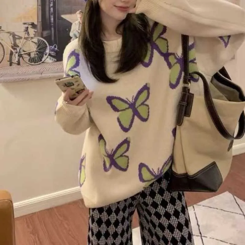 Deeptown Preppy Style Vintage imprimé Beige pull femmes Harajuku Kpop surdimensionné pull pull femme coréenne mode hauts en tricot
