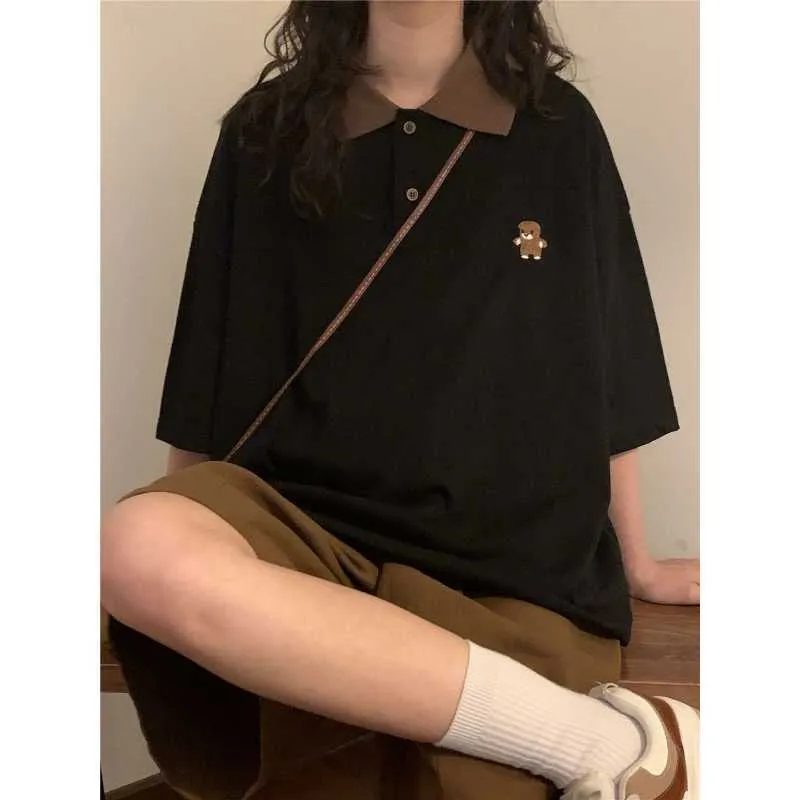 Deeptown streetwear 90-talets vintage björn svarta t-shirts kvinnor preppy stil kawaii polo överdimensionerade tshirts harajuku kort ärm topp