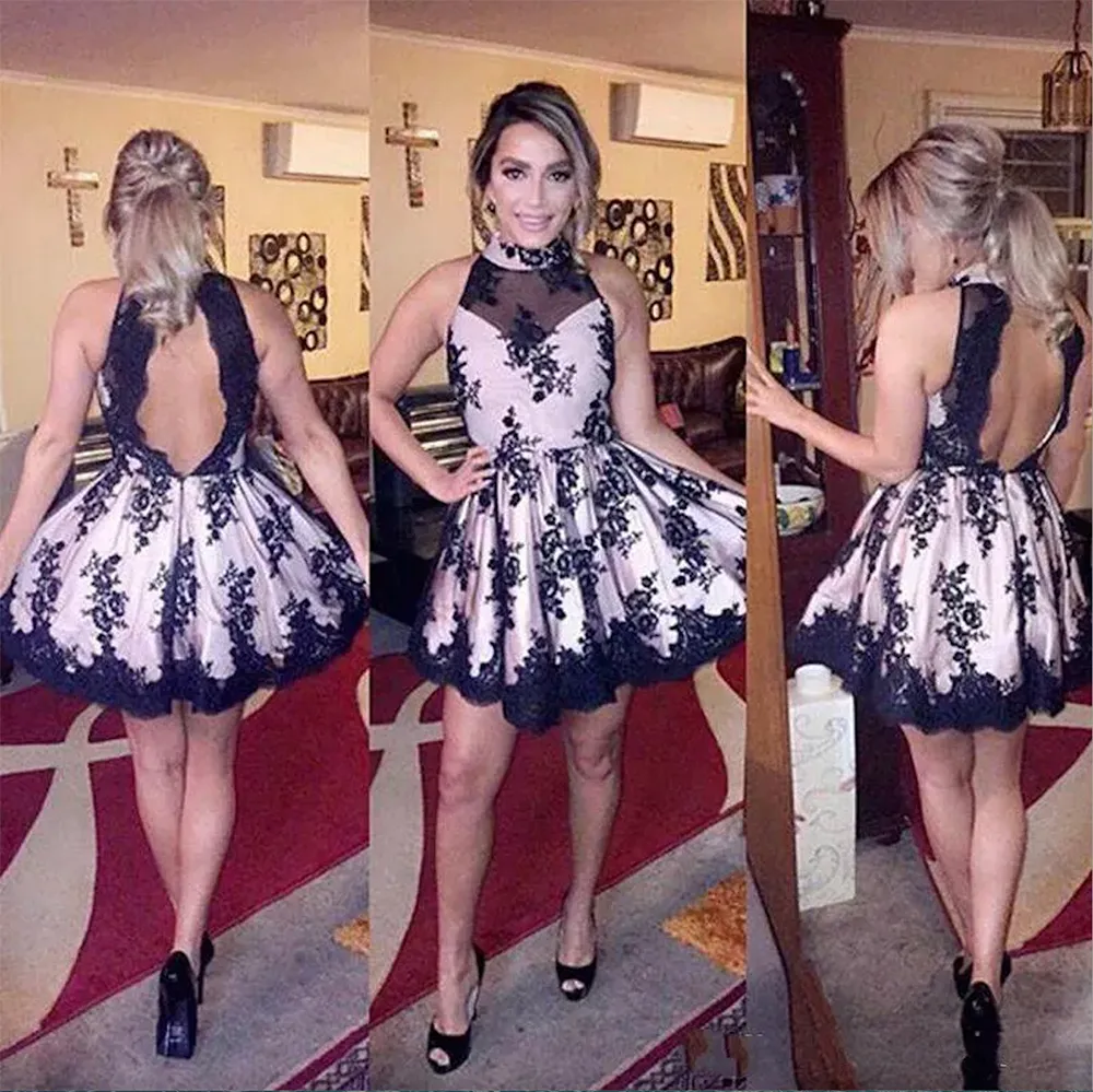 Sexy High Neck Hollow Back Lace Homecoming Dresses Black And White Plus Size Knee Length Short Prom Dress Cocktail Cocktail Party Club Wear