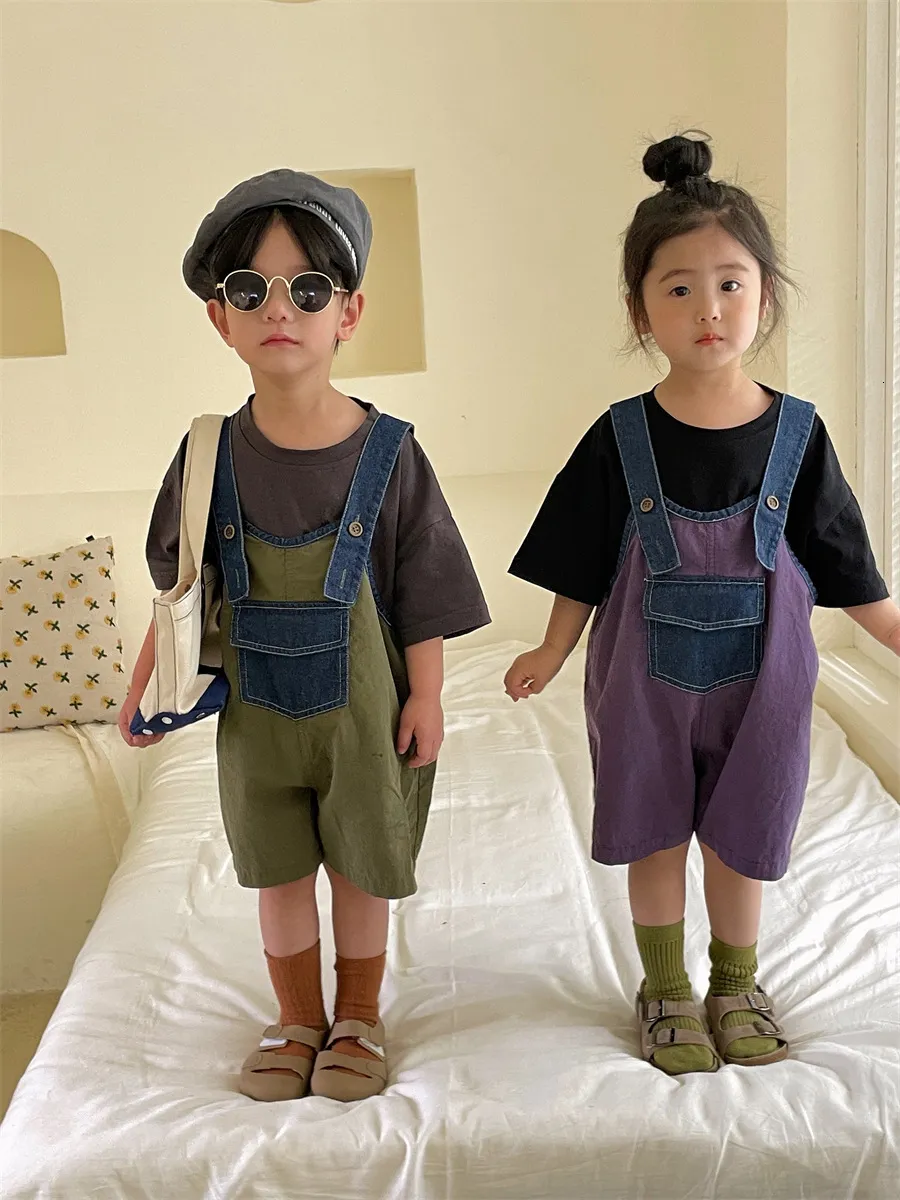 ROMPERS KIDS OMALSS mjuk tunn bomull Jean Cargo Pants Patchwork Enkelt bekvämt mode för barn pojkar och flickor 230907