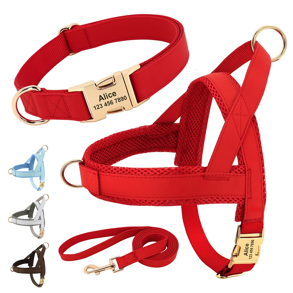 Colliers pour chiens Laisses Ensemble de laisse de harnais de collier de chien en cuir personnalisé personnalisé gilet en maille pour animaux de compagnie harnais ID laisses pour animaux de compagnie pour petits chiens de taille moyenne 230908