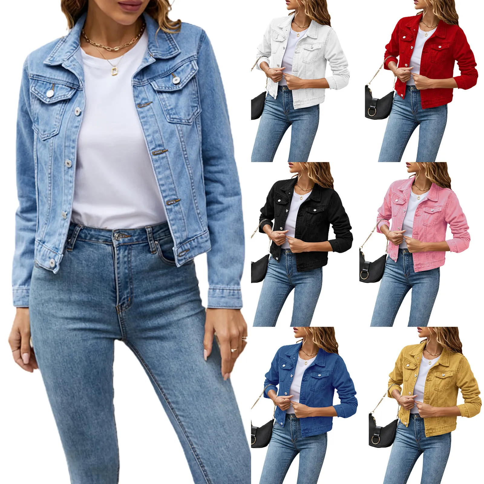 Kadın denim ceketleri moda kadın gündelik uzun kollu yaka katı düğme aşağı göğüs cep ince jean ceket sonbahar kışlık ceket 230908