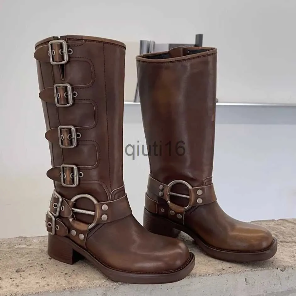 Dress Shoes Belt buckle Chunky heel cowhide Leather Biker knee Boots chunky heel Zipper Knight Boots Vintage knee-high boots Western Boots Luxury Designer Shoe x0908