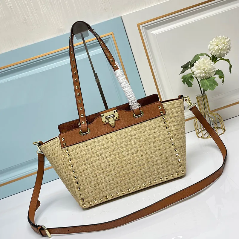 Straw Rivet Tote Shopping Bag Genuine Leather Fashion Letters Removable Strap Golden Hardware Large Capacity Pockets Women Handbags Purse Shoulder Bags