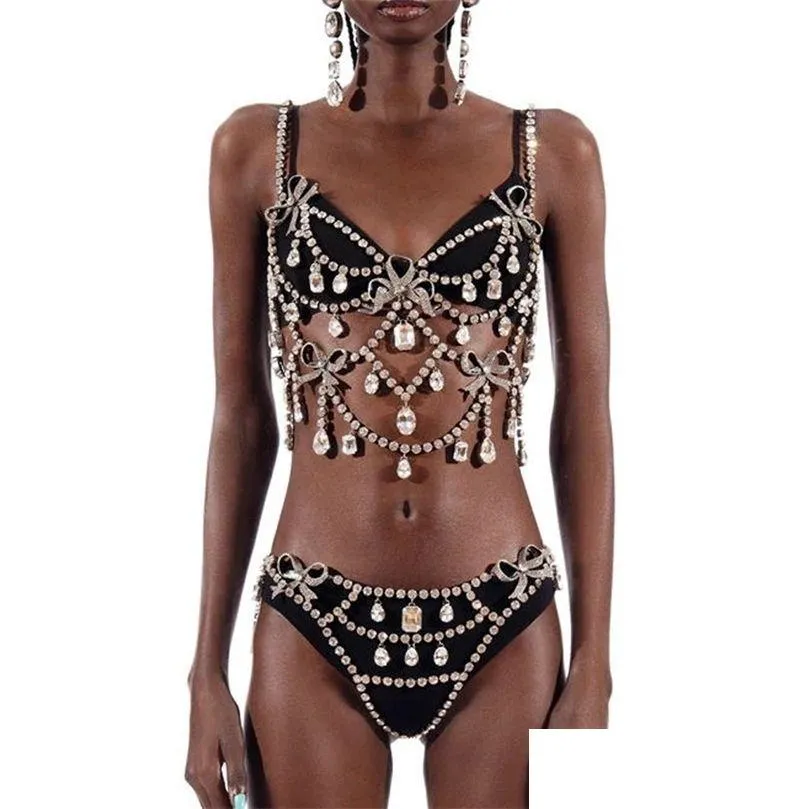 Outros Rave Exagerado Charme Big Crystal Body Chain Set Lingerie Bikini Harness para Mulheres Sutiã e Tanga Y Festival 221008 Drop Deliver DHDAC