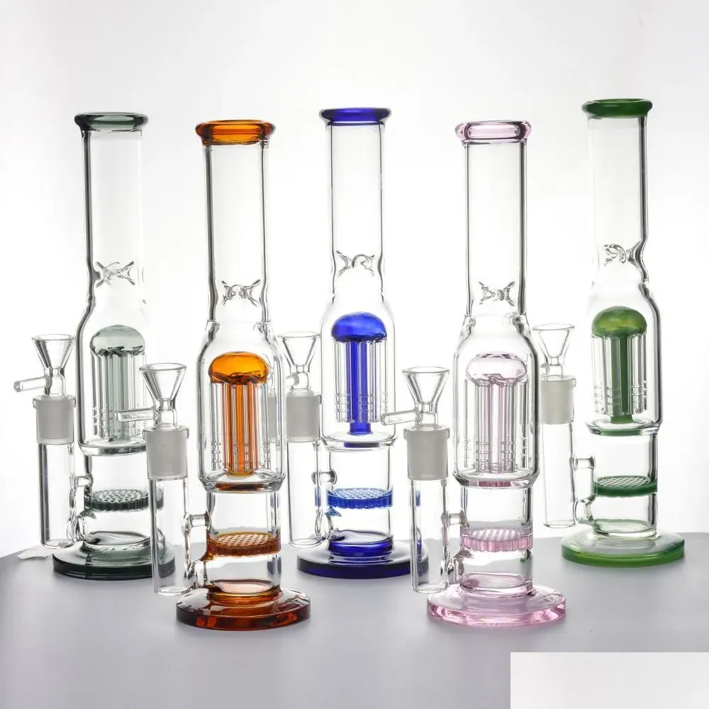 Andra rökningstillbehör Glasvattenledningar 10 tum höga vattenpipor Bongs 6Trees Honeycomb Percolate Bong 14mm Kvinna med skålen Dab Rig LL