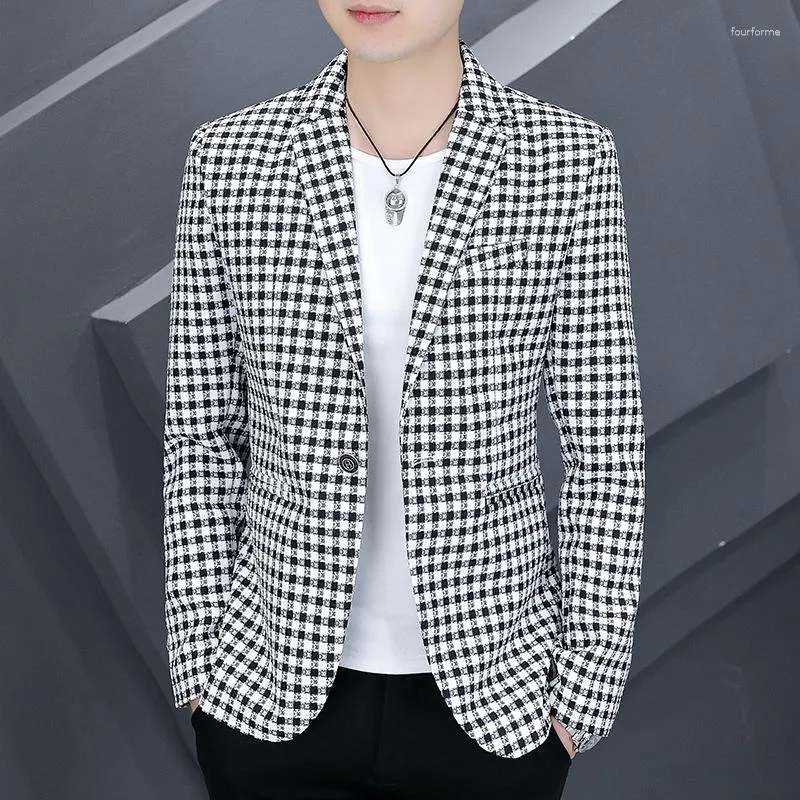 Men's Suits 2023 Spring Check Blazers Men Slim Fit Korean Casual Suit Jacket Wedding Social Streetwear Dress Coats Blazer Masculino