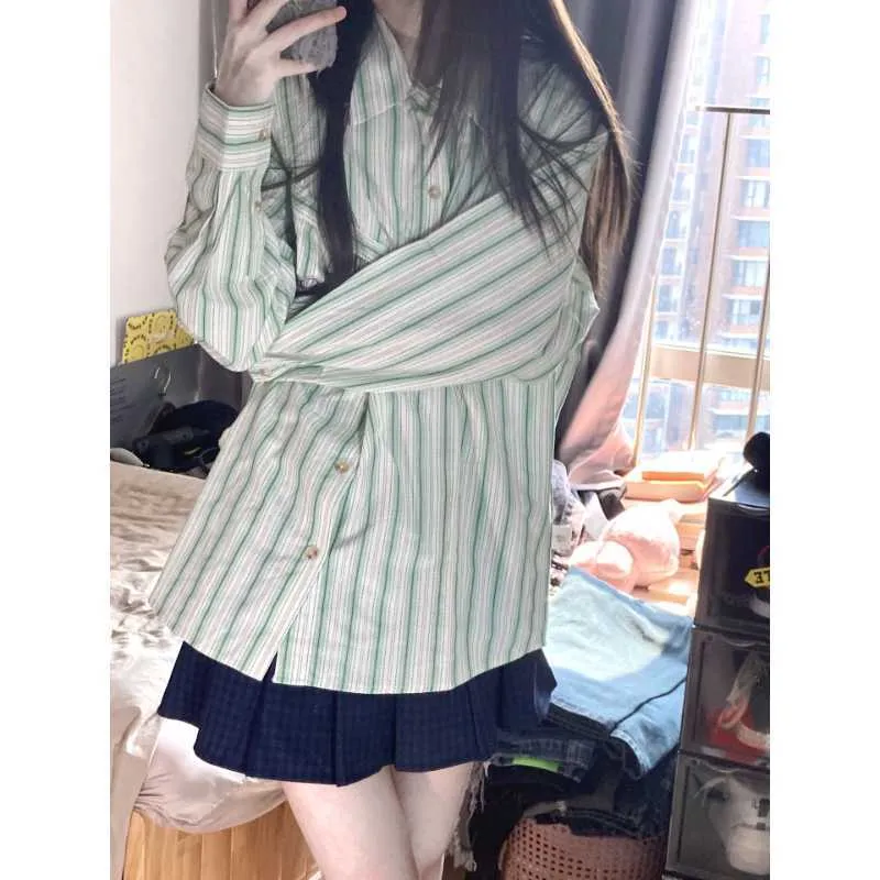 Deeptown Korean Fashion Green Standed Shirts Women Harajuku Streetwear Oversize Blue Female Kpop Casual Button långärmad topp