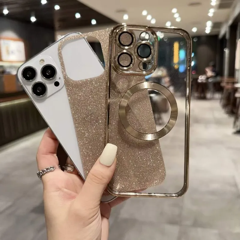 Luxury Magnetic Phone Cases For Iphone 15 14 Pro Max Plus 13 12 11 Paper Bling Glitter Metallic Sparkly Sparkle Plating Soft TPU Fine Hole Camera Lens Protectors Cover