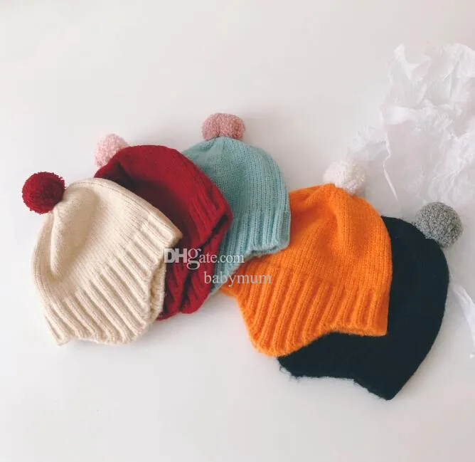 Çocuklar yün şapkalar moda bebek tığ işi örme iplik şapkalar kulak yüzleri top üst dekorasyon kapağı yeni doğan bebek beanies kış sıcak şapkalar