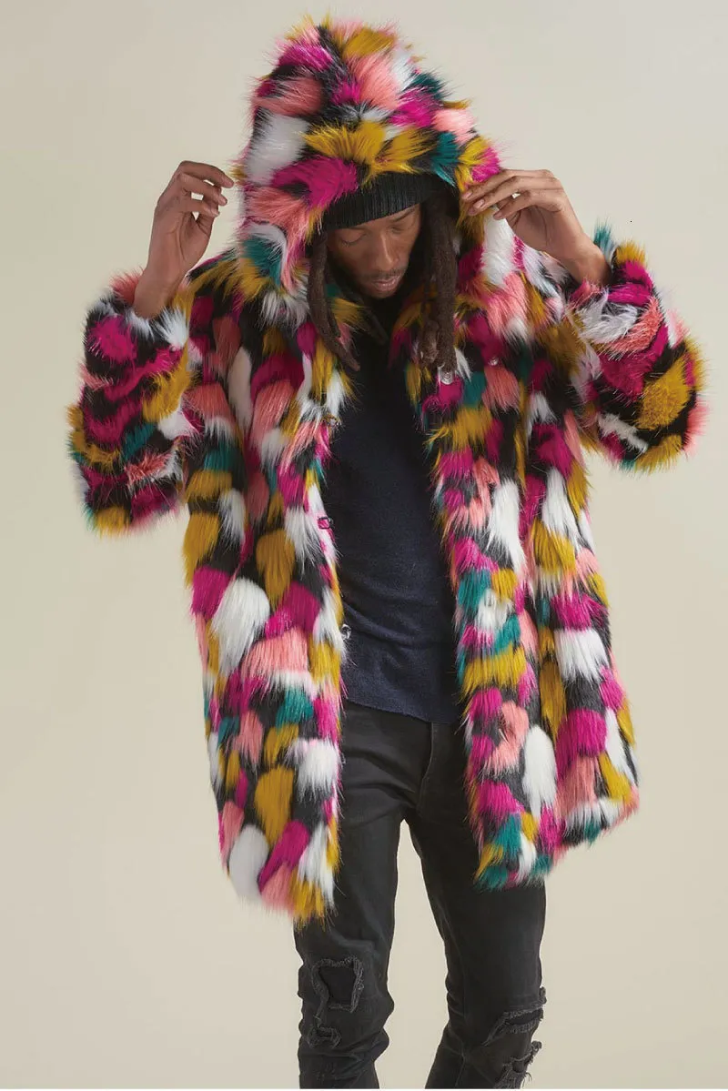 Coat with rainbow fur hood top
