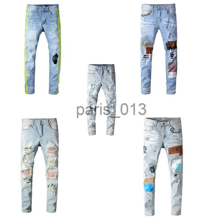 Herren-Jeans, Designer-Herrenjeans, lila, modische Herren-Jeans, Cargo-Hosen, Skinny-Mann-Stickerei, Patchwork, zerrissen für Trend, Loch, Streetwear, Motorradhose, Fitness, Patchw