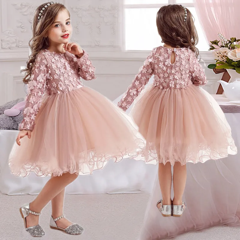 Flickans klänningar Flower Princess Dress for Girls Winter Long Sleeve Party Tutu Christmas Costume Children Barn 2 7 år Casual kläder 230909