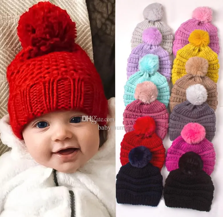 Vinter baby pom poms virkning hatt tjocka hattar spädbarn småbarn varma mössor pojke tjej stickad mössa