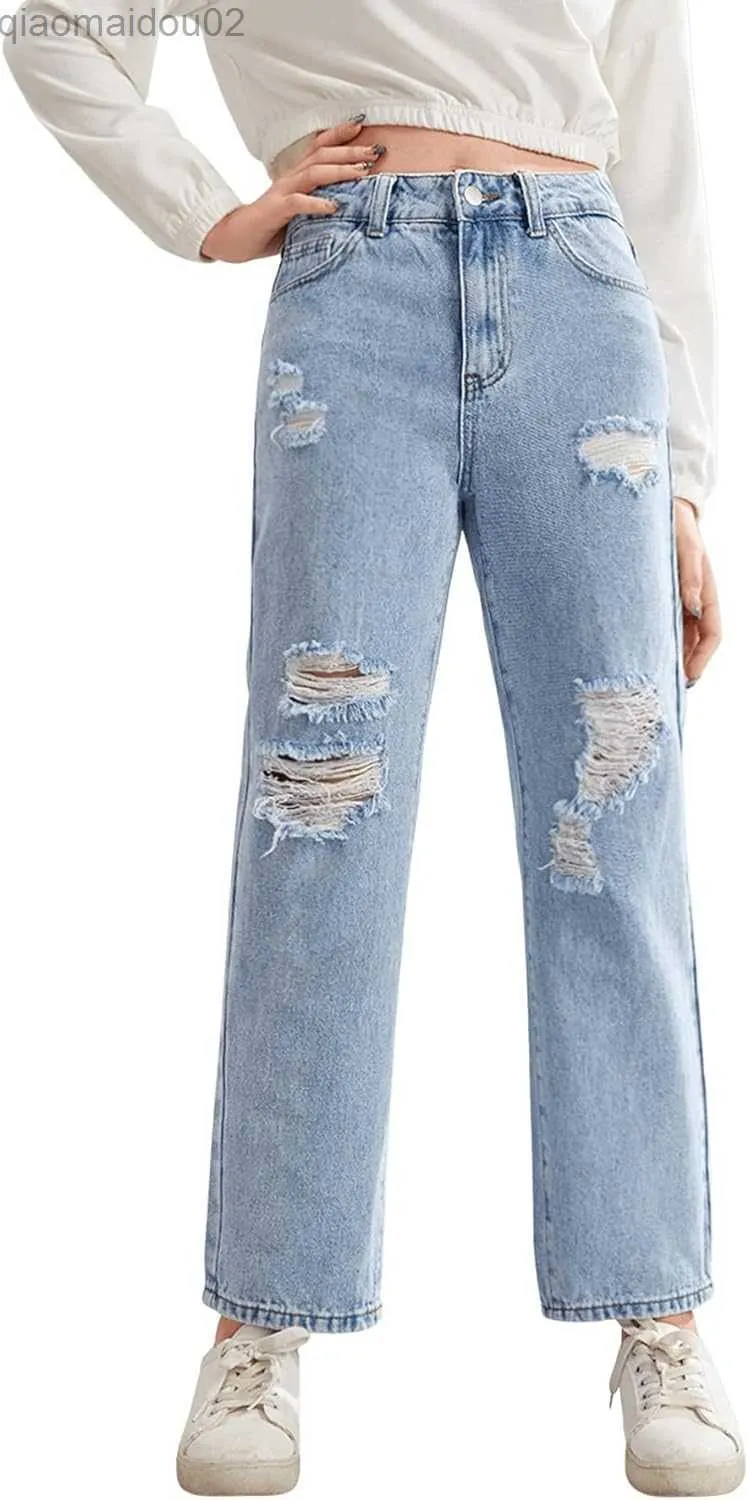 Womens Jeans SweatyRocks Girls High Waist Straight Barrel Perforated Jeans  Washed Denim Pants With Pockets L230907 From Qiaomaidou02, $43.11