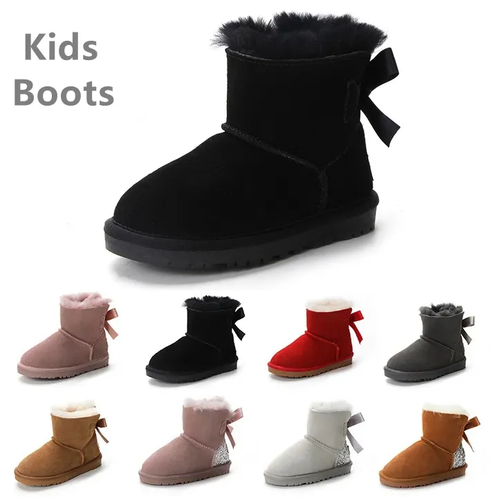 2024 Bottes pour enfants sur le genou Enfants classiques Mini demi-botte de neige hiver Bowknot complet moelleux fourrure satin cheville enfant d'âge préscolaire Enfant Enfant enfant en bas âge fille garçon Tod chaussons