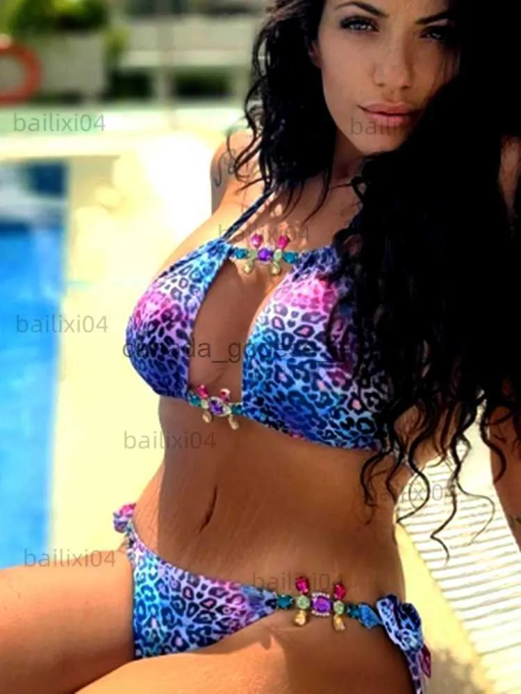 Women Swimodwear w damskiej odzieży kąpielowej 2023 Leopard Rhinestone klejnot bikini bikini kobiety puste stroje kąpielowe żeńskie thong stroje kąpielowe diamentowe bikini zestaw kantar