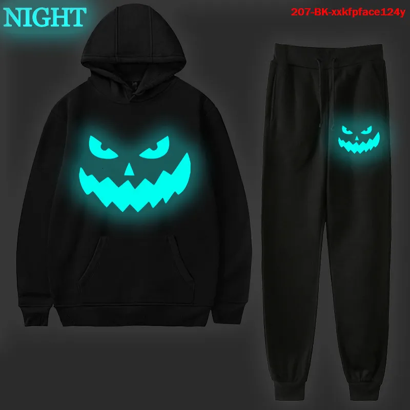 Mens Tracksuits Pumpkin Face Print Hoodies Sweatshirt Pants Passar Män Kvinnor Autumn Pullover Trousers Set Casual Hoodies Halloween Cosplay Costume 230909