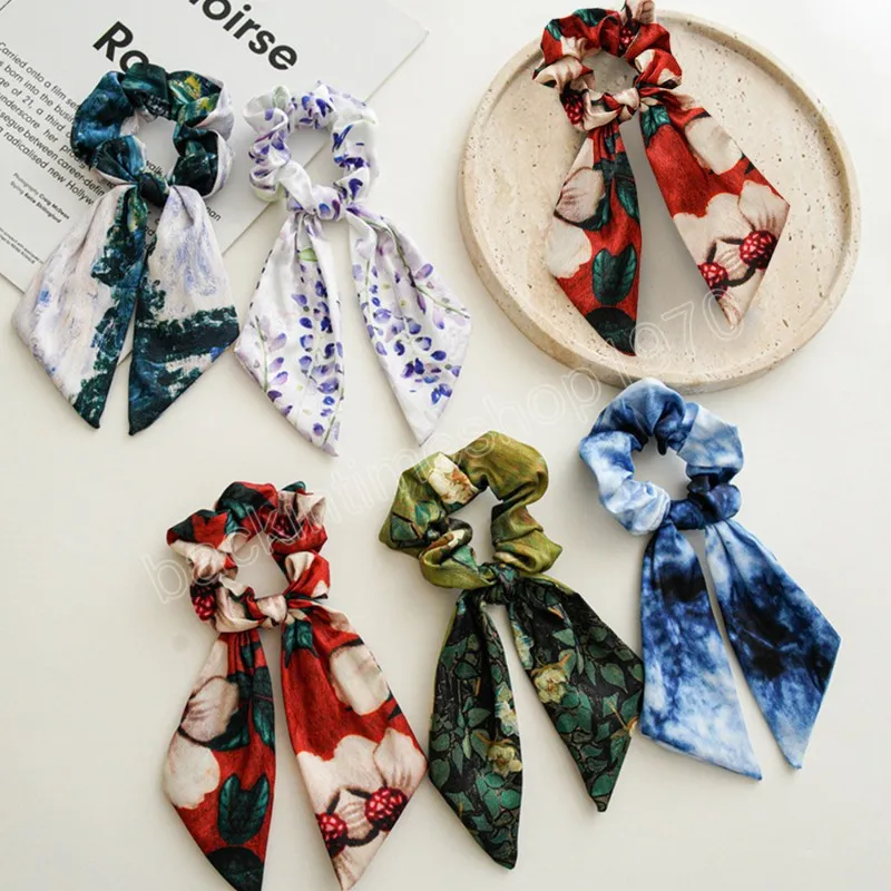Fashion Tie-Dye Pattern Print Long Ribbon Satin Scrunchies Ponytail Hair Tie för Women Girls Hair Band Headwear Hair Accessories