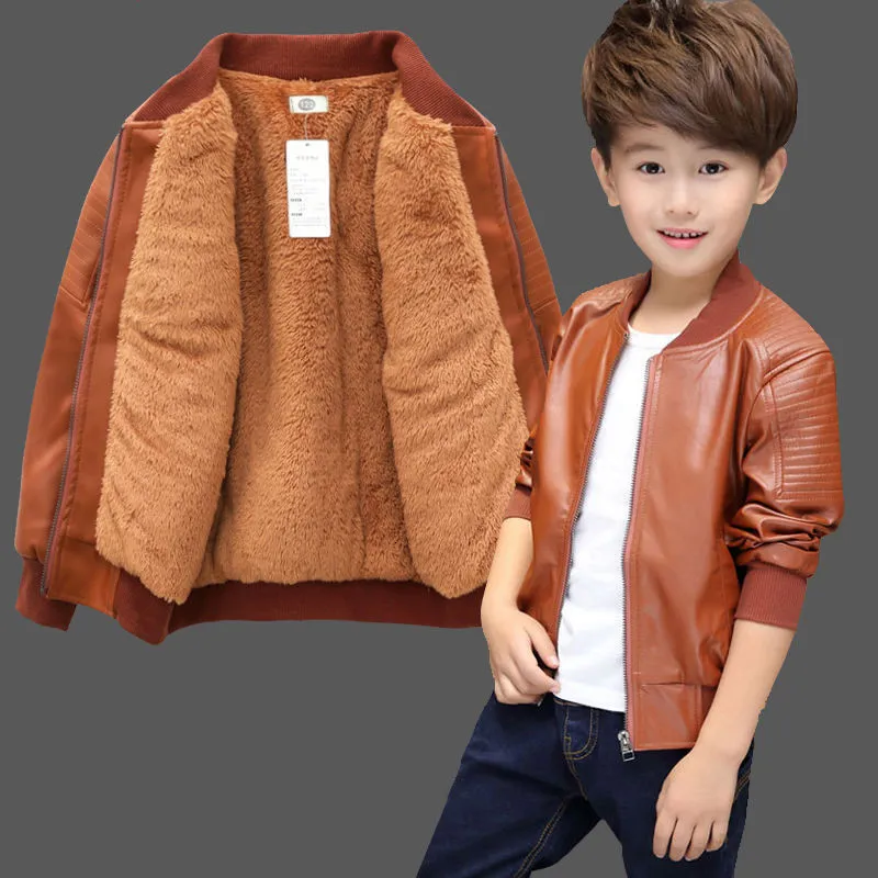 Jackets Boys Coats Autumn Winter Fashion Children's Plus Velvet No Two styles Warming Cotton PU Leather Jacket For 1 11Y Kids 230909